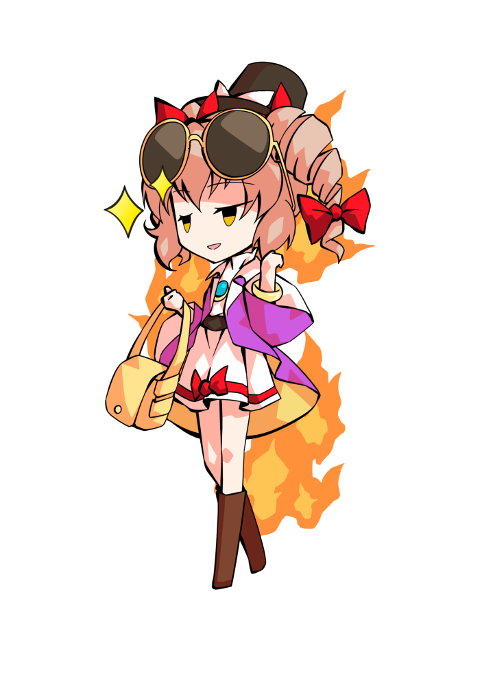 dairi, yorigami jo'on, touhou, commentary request, large variant set, variant set, 1girl, belt, belt boots, black hat, boots, bow, brown boots, brown hair, chibi, chibi only, coat, dress, drill hair, eyewear on head, fire, full body, hair ribbon, hat, hat bow, long sleeves, open clothes, open coat, ribbon, solo, tachi-e, transparent background