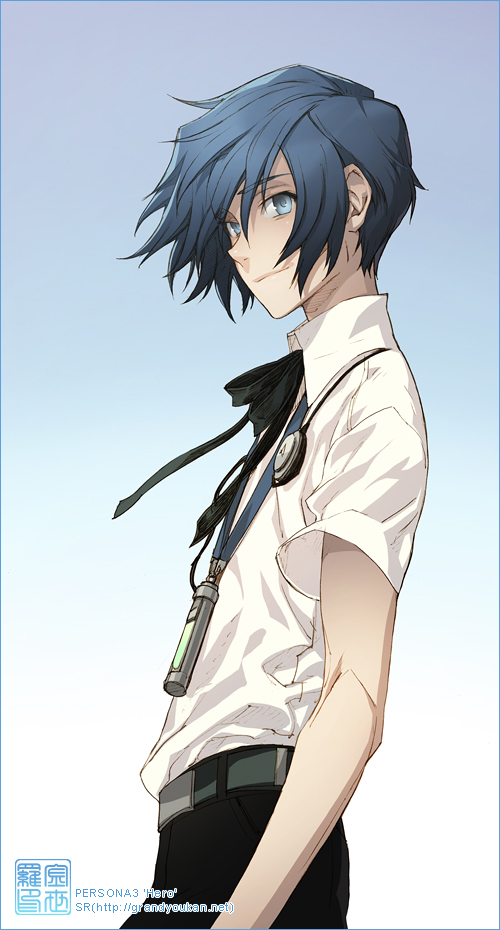 grandyoukan, yuuki makoto (persona 3), atlus, persona, persona 3, bad id, bad pixiv id, 1boy, blue eyes, blue hair, digital media player, digital walkman, gradient background, headphones, male focus, matching hair/eyes, shirt, short hair, solo, walkman nw-s203f