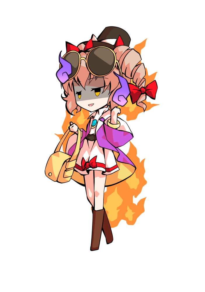 dairi, yorigami jo'on, touhou, commentary request, large variant set, variant set, 1girl, belt, belt boots, black hat, boots, bow, brown boots, brown hair, chibi, chibi only, coat, dress, drill hair, eyewear on head, fire, full body, hair ribbon, hat, hat bow, long sleeves, open clothes, open coat, ribbon, solo, tachi-e, transparent background