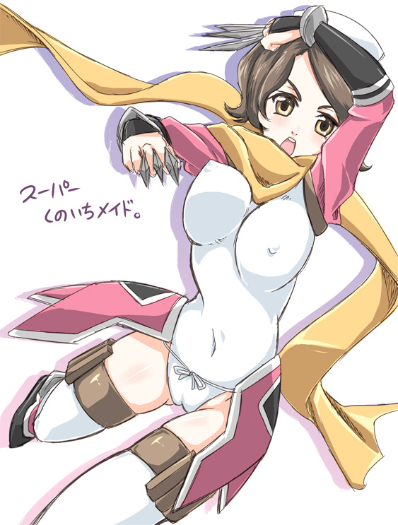 miya (pure lemon), shinozaki sayoko, code geass, 00s, breasts, covered erect nipples, large breasts, maid, ninja, solo, thigh strap, thighhighs