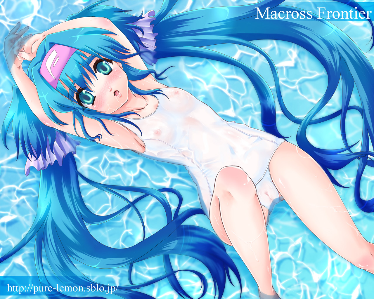 miya (pure lemon), klan klein, macross, macross frontier, 00s, cameltoe, fang, from above, loli, looking up, lying, one-piece swimsuit, school swimsuit, see-through clothes, solo, swimsuit, white one-piece swimsuit, white school swimsuit