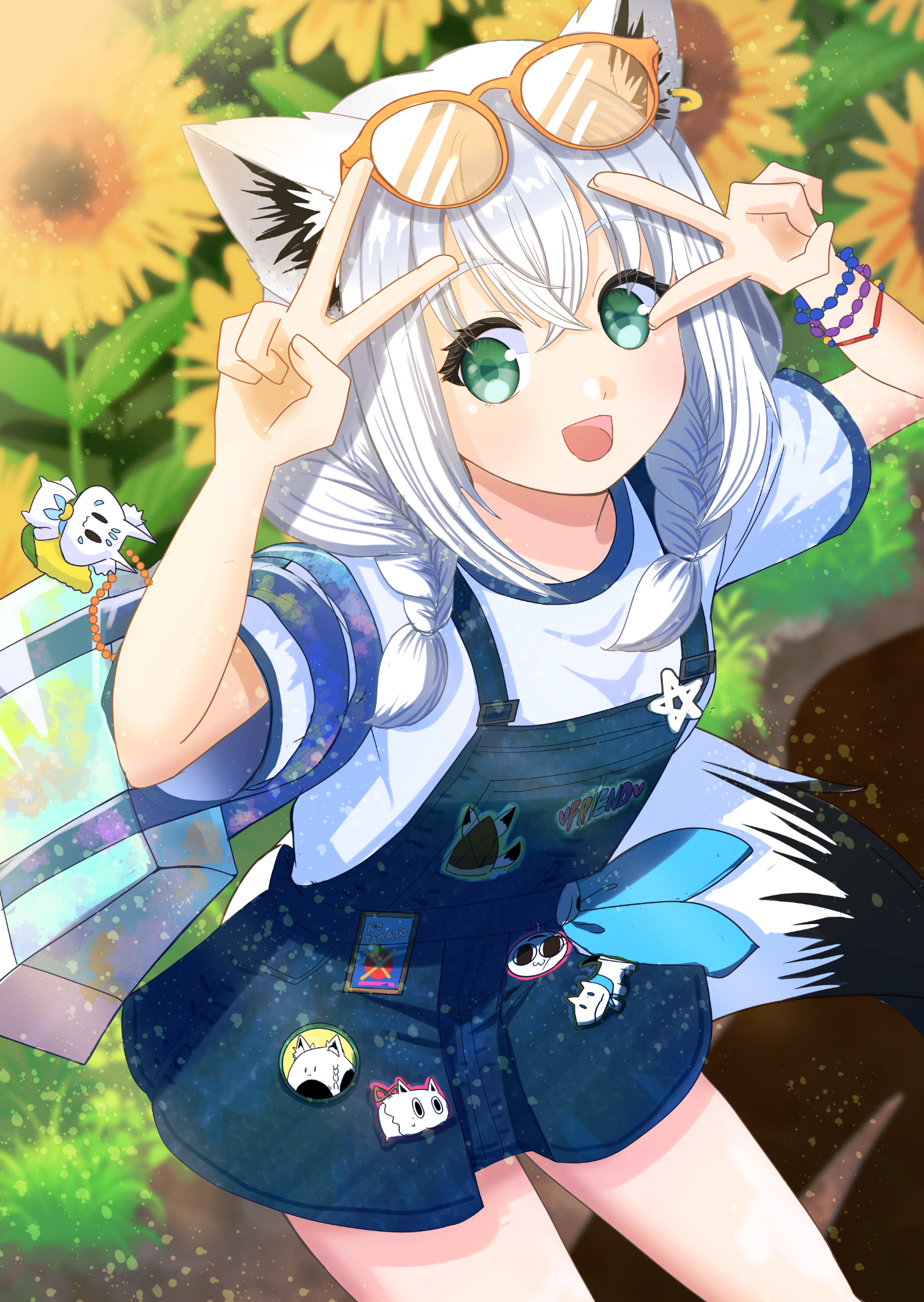kuroasa24, shirakami fubuki, sukonbu (shirakami fubuki), hololive, hololive gamers, highres, 1girl, animal ear fluff, animal ear piercing, animal ears, blurry, blurry background, blush, bracelet, braid, double v, eyewear on head, flower, fox ears, fox girl, fox tail, green eyes, hair between eyes, hair ornament, jewelry, looking at viewer, open mouth, shirt, short sleeves, smile, solo, sunflower, tail, twin braids, v, virtual youtuber, white shirt