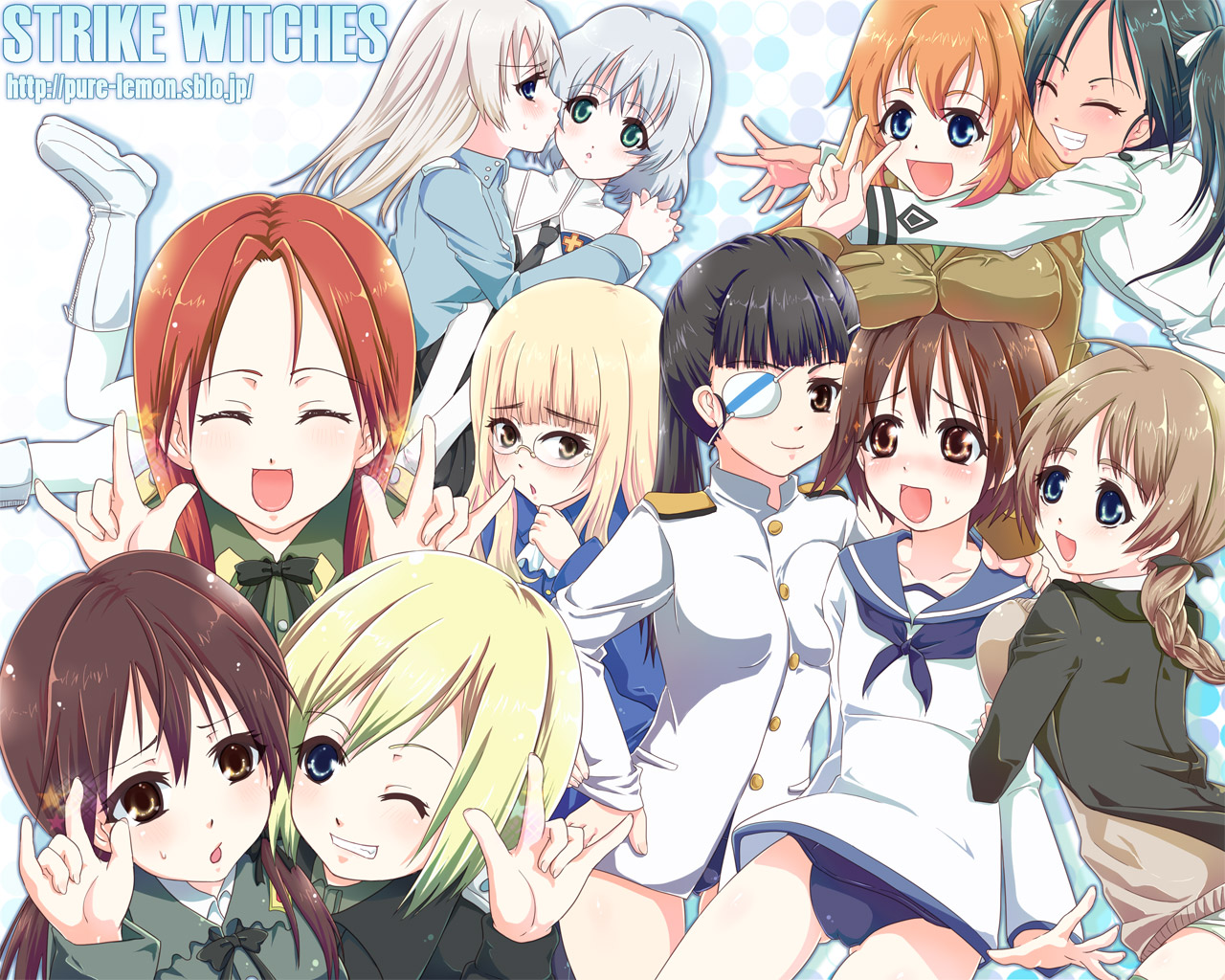 miya (pure lemon), charlotte e. yeager, eila ilmatar juutilainen, erica hartmann, francesca lucchini, gertrud barkhorn, lynette bishop, minna-dietlinde wilcke, miyafuji yoshika, perrine h. clostermann, sakamoto mio, sanya v. litvyak, strike witches, world witches series, white legwear, 00s, 501st joint fighter wing, 6+girls, blush, boots, braid, breast rest, breasts, breasts on head, clenched teeth, closed eyes, couple, everyone, eyepatch, happy, hug, kiss, long hair, m/, medium breasts, multiple girls, no pants, one eye closed, open mouth, pantyhose, school swimsuit, school uniform, short hair, single braid, small breasts, smile, star (symbol), sweatdrop, swimsuit, swimsuit under clothes, teeth, twintails, wink, yuri