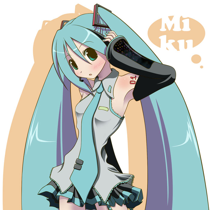 binzume suika, hatsune miku, vocaloid, 1girl, aqua hair, black skirt, blush, character name, collared shirt, cowboy shot, detached sleeves, female focus, grey shirt, hair between eyes, hair ornament, hand on headphones, headphones, headset, long hair, microphone, miniskirt, nail polish, necktie, pleated skirt, shirt, skirt, solo, tattoo, twintails