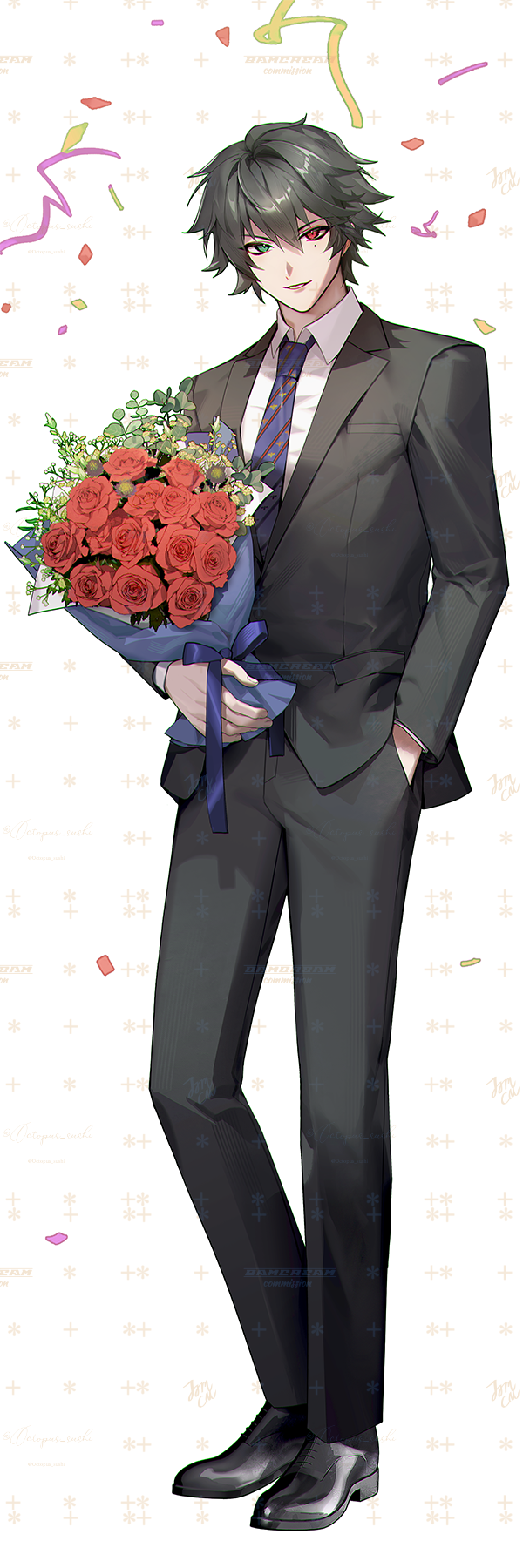 bamcream, yamada ichiro, hypnosis mic, commentary, commission, english commentary, highres, 1boy, black hair, black jacket, black pants, black shoes, blue eyes, blue necktie, bouquet, collared shirt, confetti, flower, full body, hair between eyes, hand in pocket, heterochromia, holding, holding bouquet, jacket, looking at viewer, male focus, necktie, pants, parted lips, red eyes, red flower, red rose, rose, shirt, shoes, short hair, simple background, solo, standing, white background, white shirt