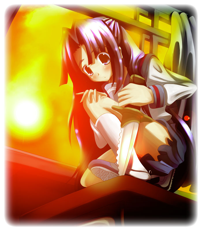 binzume suika, asakura ryoko, suzumiya haruhi no yuuutsu, silver hair, 00s, 1girl, desk, evening, female focus, full body, indoors, knife, long hair, long sleeves, looking at viewer, sailor collar, school desk, school uniform, serafuku, shirt, solo, squatting, sun, sunlight, sunset, table, white shirt