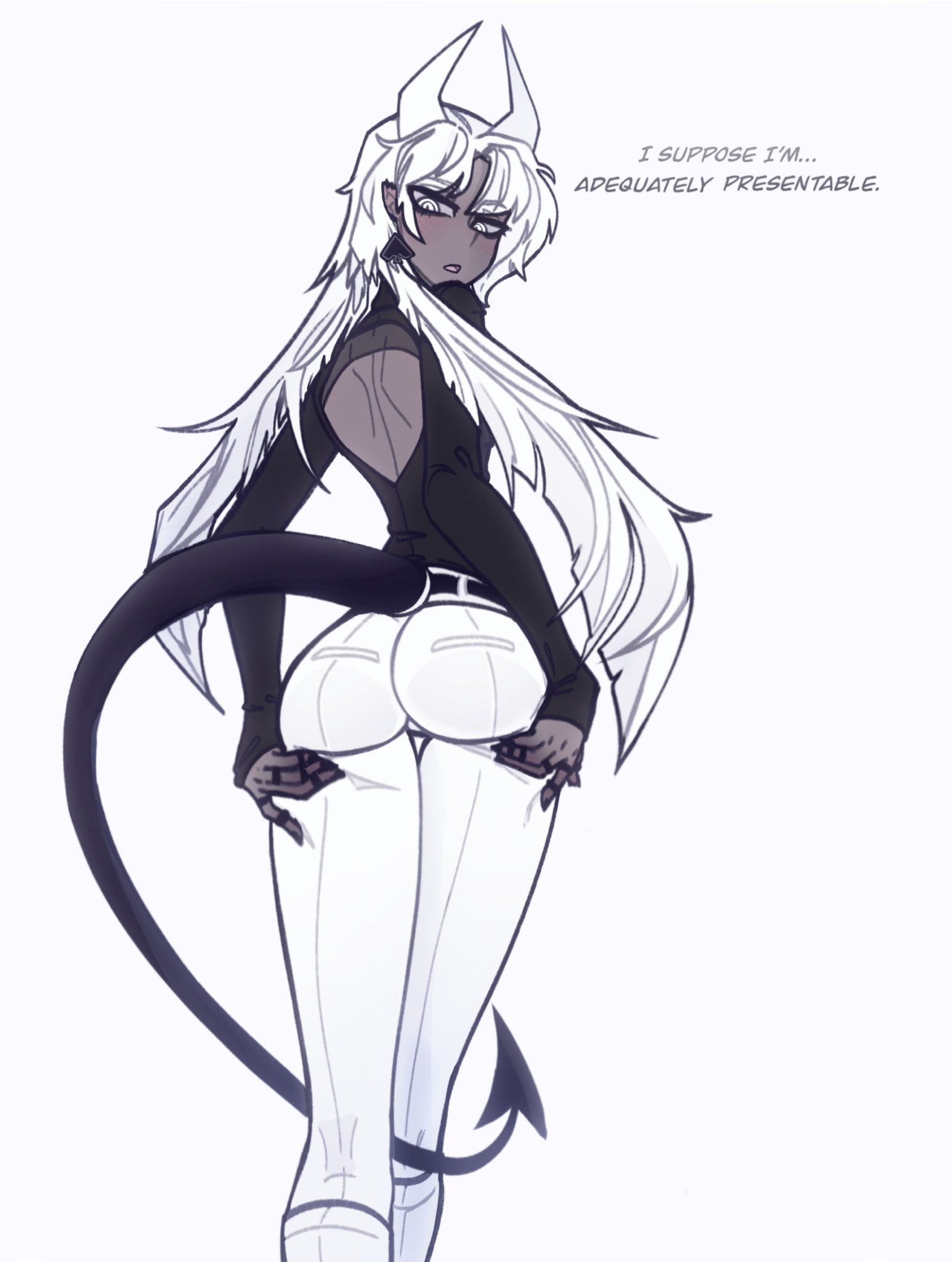 bxbyglossie, original, highres, 1girl, ass, back cutout, black nails, black sweater, clothing cutout, dark-skinned female, dark skin, demon tail, earrings, english text, from behind, grabbing own ass, jewelry, looking back, open mouth, pants, simple background, solo, spade (shape), spade earrings, sweater, tail, white background, white hair, white pants