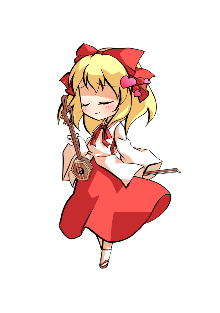 dairi, satsuki rin, touhou, commentary request, large variant set, variant set, 1girl, blonde hair, bow, brown sandals, chibi, chibi only, erhu, full body, hair between eyes, hair bow, hair ornament, holding, holding instrument, instrument, long skirt, medium hair, red bow, red ribbon, red skirt, ribbon, sandals, skirt, solo, tabi, tachi-e, transparent background, wide sleeves