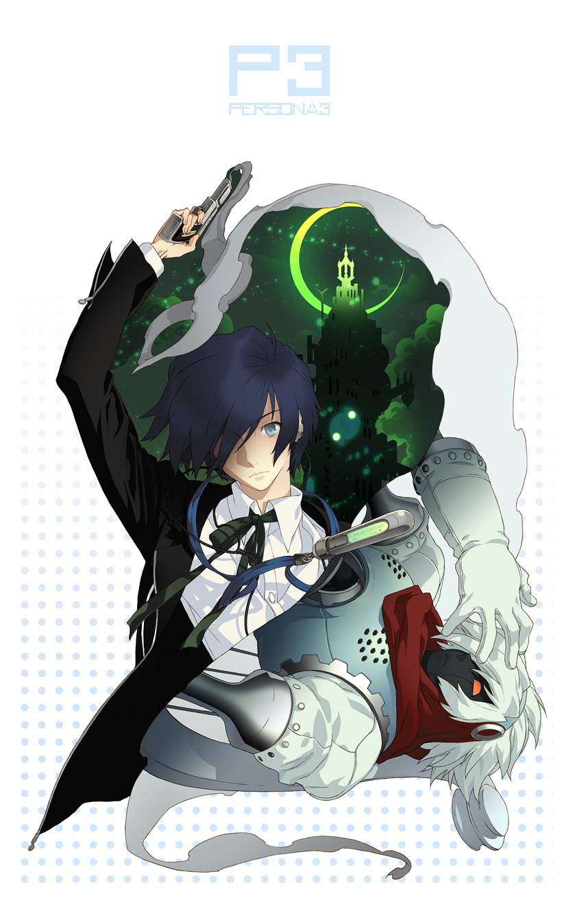 grandyoukan, orpheus (persona), yuuki makoto (persona 3), atlus, persona, persona 3, bad id, bad pixiv id, highres, blue eyes, blue hair, digital media player, digital walkman, evoker, gun, headphones, male focus, solo, walkman nw-s203f, weapon