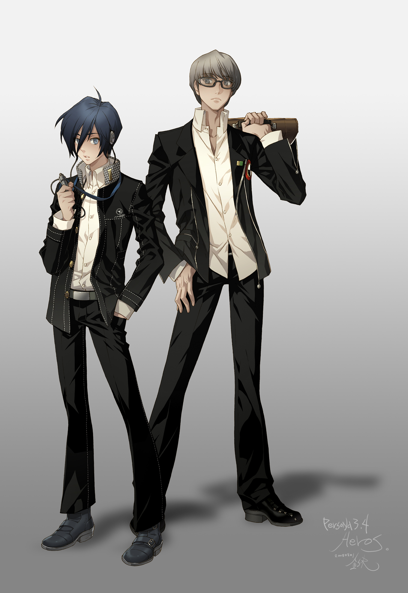 grandyoukan, narukami yu, yuuki makoto (persona 3), atlus, persona, persona 3, persona 4, bad id, bad pixiv id, highres, 2boys, black pants, blue eyes, blue hair, cosplay, costume switch, full body, glasses, grey eyes, grey hair, headphones, male focus, multiple boys, pants, school uniform, serafuku, short hair, standing
