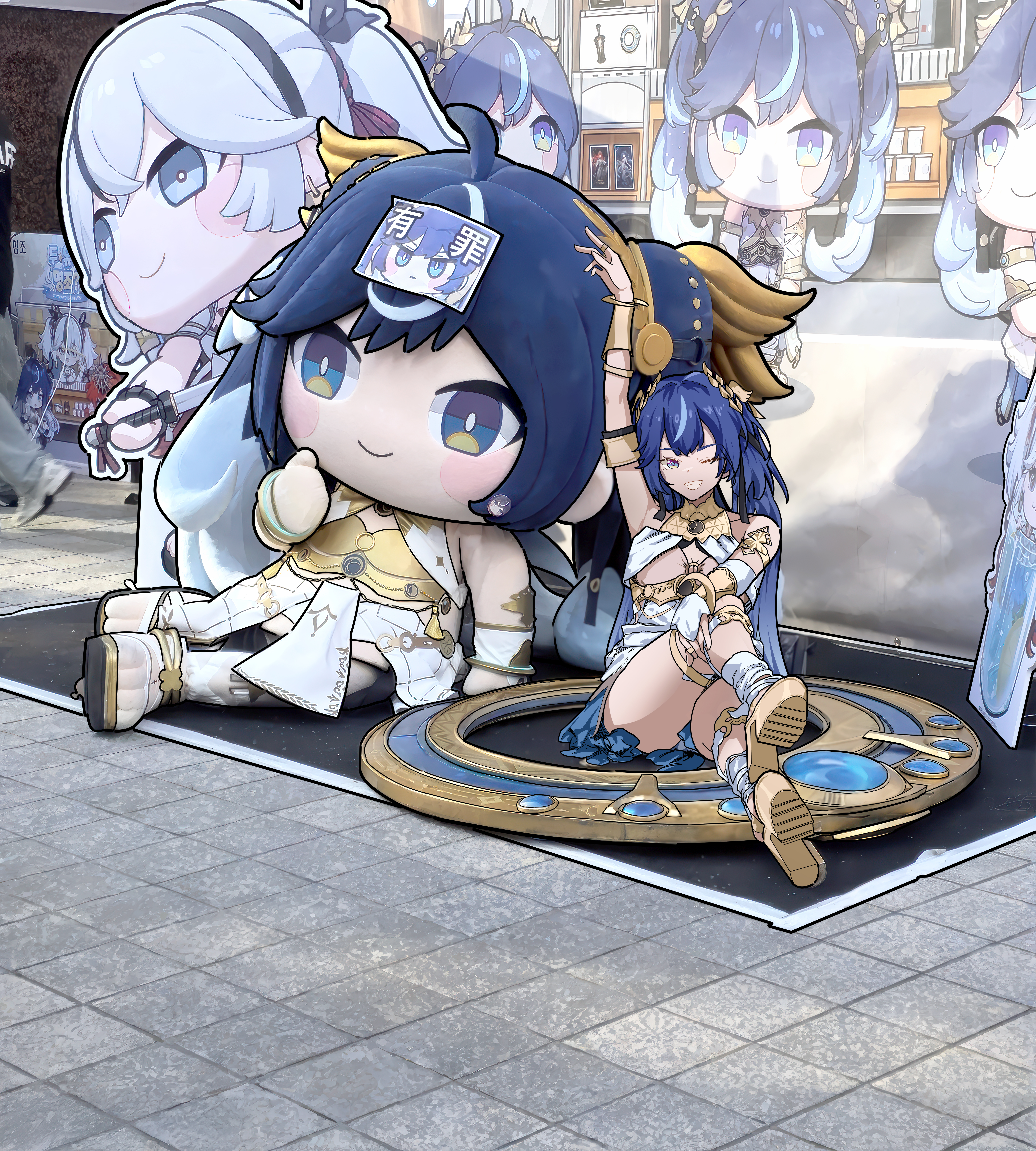 ryeon (naturesan), augusta (wuthering waves), camellya (wuthering waves), iuno (wuthering waves), wuthering waves, absurdres, commentary, highres, 2girls, arm up, armlet, blue eyes, blue hair, camellya mascot (meme), gold bra, gradient hair, grin, head wreath, high heels, jewelry, long hair, looking at viewer, meme, multicolored hair, multiple girls, one eye closed, photo background, sitting, smile, streaked hair, thighs