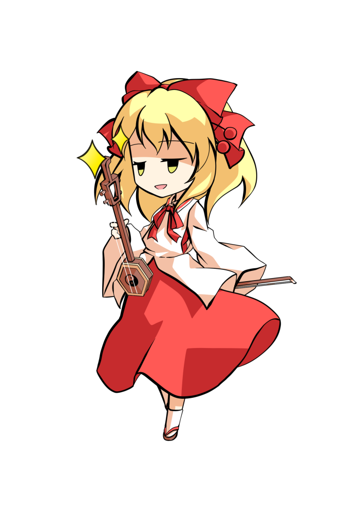 dairi, satsuki rin, touhou, commentary request, large variant set, variant set, 1girl, blonde hair, bow, brown sandals, chibi, chibi only, erhu, full body, hair between eyes, hair bow, hair ornament, holding, holding instrument, instrument, long skirt, medium hair, red bow, red ribbon, red skirt, ribbon, sandals, skirt, solo, tabi, tachi-e, transparent background, wide sleeves