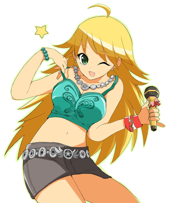 maro nie, hoshii miki, idolmaster, idolmaster (classic), idolmaster 1, 00s, 1girl, ahoge, belt, blonde hair, bracelet, breasts, buckle, camisole, female focus, holding, jewelry, large breasts, looking at viewer, microphone, simple background, solo, star (symbol), sweatband, white background