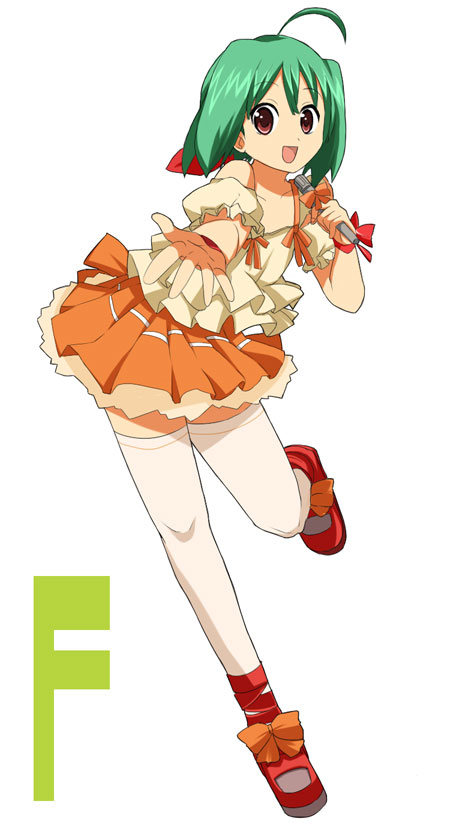 maro nie, ranka lee, macross, macross frontier, 00s, green hair, microphone, red eyes, ribbon, skirt, solo, thighhighs