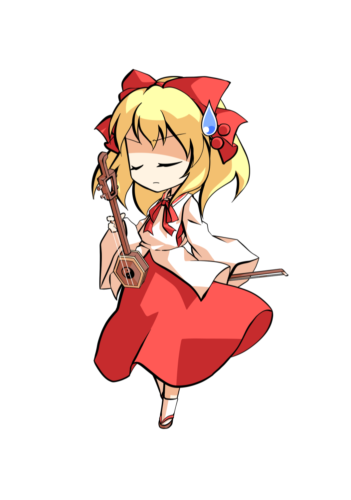 dairi, satsuki rin, touhou, commentary request, large variant set, variant set, 1girl, blonde hair, bow, brown sandals, chibi, chibi only, erhu, full body, hair between eyes, hair bow, hair ornament, holding, holding instrument, instrument, long skirt, medium hair, red bow, red ribbon, red skirt, ribbon, sandals, skirt, solo, tabi, tachi-e, transparent background, wide sleeves