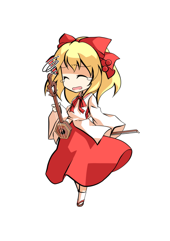 dairi, satsuki rin, touhou, commentary request, large variant set, variant set, 1girl, blonde hair, bow, brown sandals, chibi, chibi only, erhu, full body, hair between eyes, hair bow, hair ornament, holding, holding instrument, instrument, long skirt, medium hair, red bow, red ribbon, red skirt, ribbon, sandals, skirt, solo, tabi, tachi-e, transparent background, wide sleeves