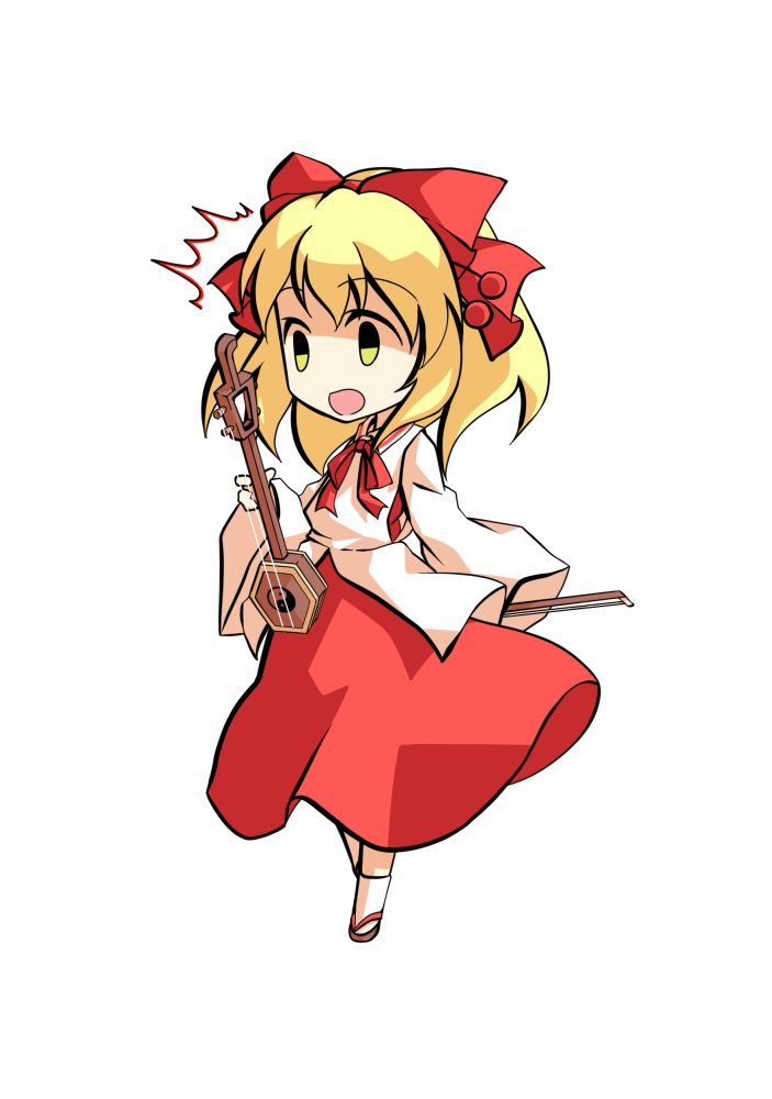 dairi, satsuki rin, touhou, commentary request, large variant set, variant set, 1girl, blonde hair, bow, brown sandals, chibi, chibi only, erhu, full body, hair between eyes, hair bow, hair ornament, holding, holding instrument, instrument, long skirt, medium hair, red bow, red ribbon, red skirt, ribbon, sandals, skirt, solo, tabi, tachi-e, transparent background, wide sleeves