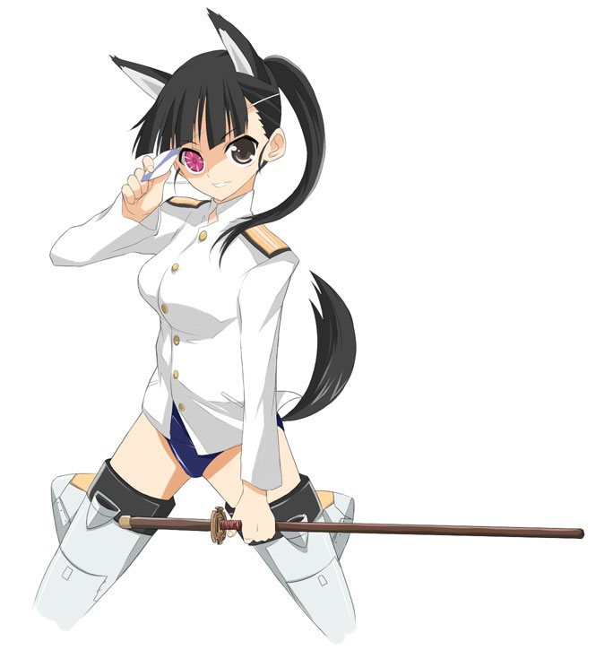 maro nie, sakamoto mio, strike witches, world witches series, 00s, 1girl, animal ears, black hair, blunt bangs, breasts, brown eyes, cat ears, cat girl, dog ears, dog tail, eyepatch, female focus, full body, heterochromia, kneeling, leotard, long hair, long sleeves, looking at viewer, military, military uniform, ponytail, red eyes, shirt, simple background, solo, striker unit, swimsuit, swimsuit under clothes, sword, tail, thighhighs, weapon, white background, white shirt, zettai ryouiki