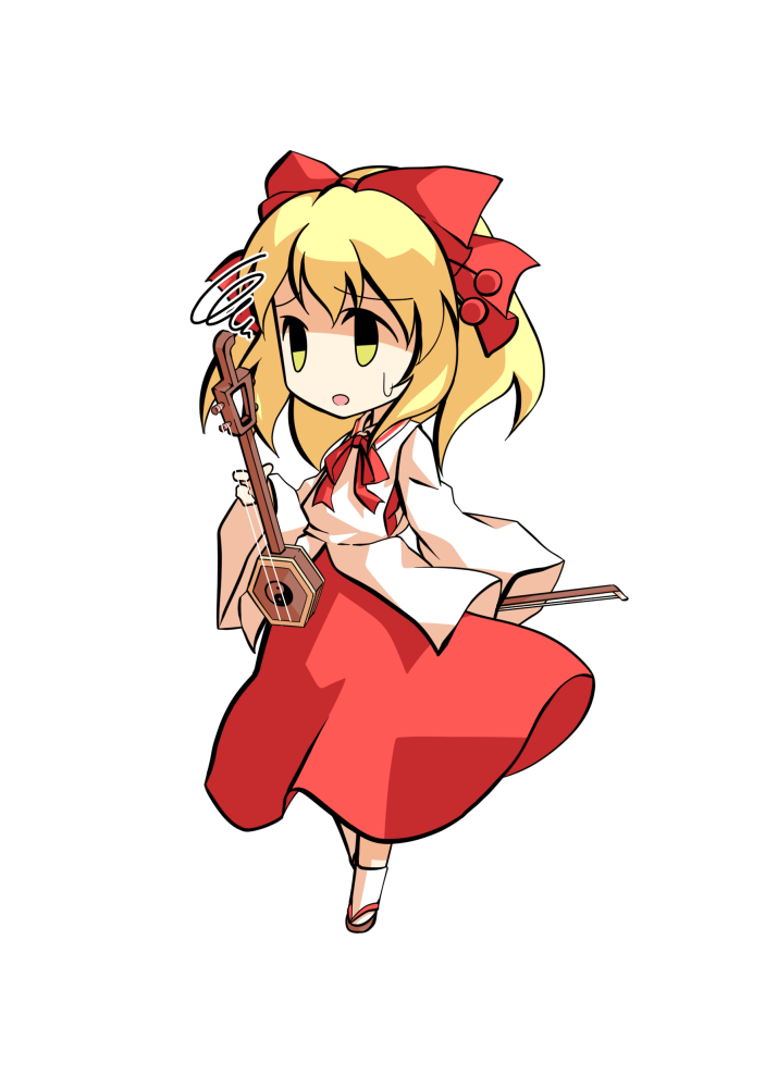 dairi, satsuki rin, touhou, commentary request, large variant set, variant set, 1girl, blonde hair, bow, brown sandals, chibi, chibi only, erhu, full body, hair between eyes, hair bow, hair ornament, holding, holding instrument, instrument, long skirt, medium hair, red bow, red ribbon, red skirt, ribbon, sandals, skirt, solo, tabi, tachi-e, transparent background, wide sleeves