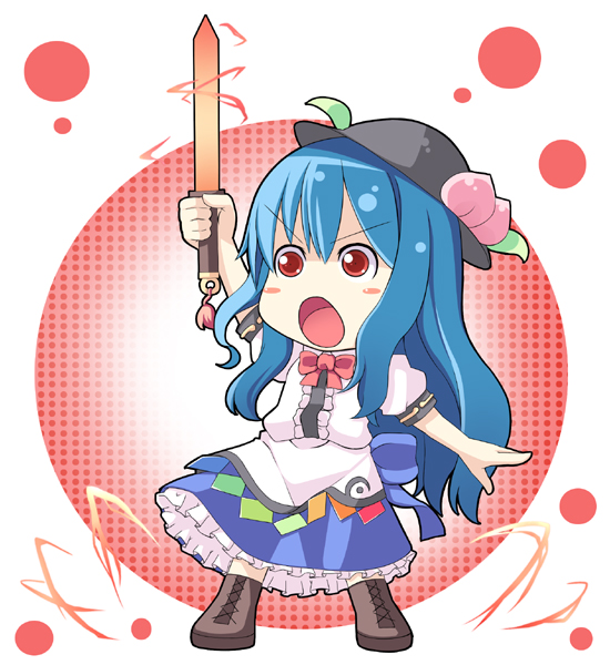 masuneko, hinanawi tenshi, touhou, bad id, bad pixiv id, 1girl, blue hair, chibi, female focus, food, fruit, full body, hat, long hair, peach, ribbon, solo, standing, sword, sword of hisou, weapon, white background