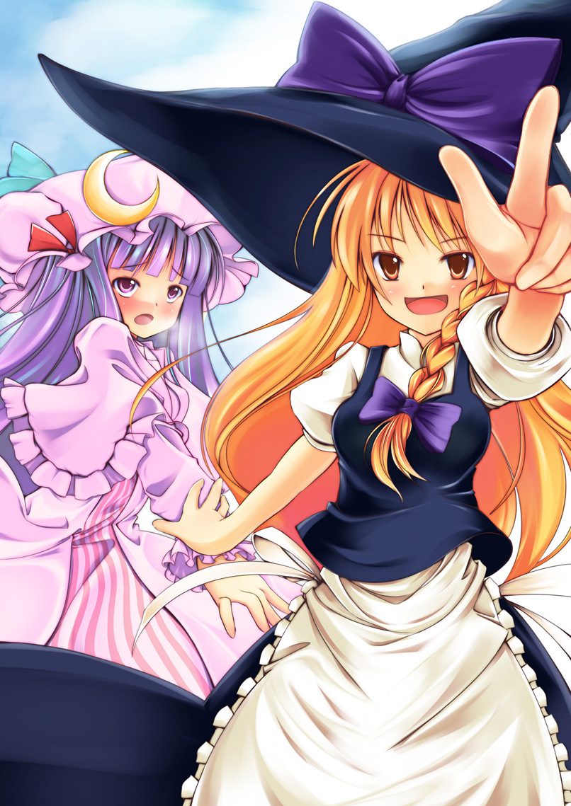 yako, kirisame marisa, patchouli knowledge, touhou, bad id, bad pixiv id, photoshop (medium), 2girls, :o, apron, ascot, black dress, blonde hair, crescent, crescent hat ornament, dress, female focus, hat, hat ornament, looking at viewer, mob cap, multiple girls, open mouth, outstretched arm, purple hair, sidelocks, waist apron, witch hat
