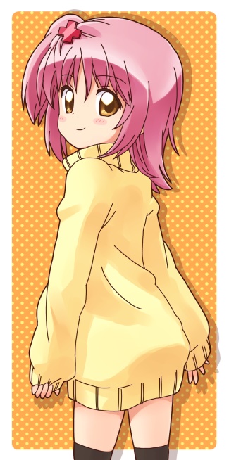 kemkem, hinamori amu, shugo chara!, 1girl, dress, female focus, hair ornament, looking back, pink hair, solo, sweater, sweater dress, thighhighs
