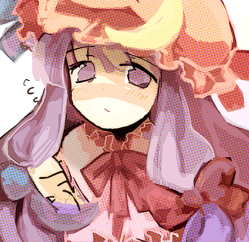 dadami, patchouli knowledge, touhou, bad id, bad pixiv id, 1girl, crescent, expressionless, female focus, hat, looking at viewer, mob cap, purple eyes, purple hair, simple background, solo, upper body, white background