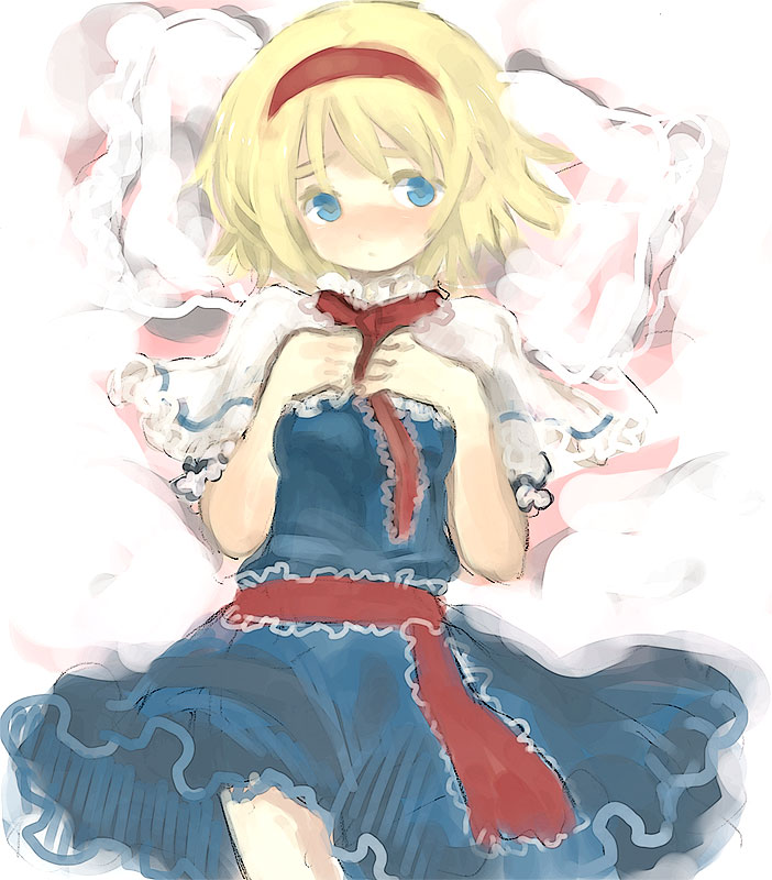 dadami, alice margatroid, touhou, bad id, bad pixiv id, 1girl, blonde hair, blue eyes, blush, female focus, hairband, head on pillow, lying, pillow, short hair, solo, white background