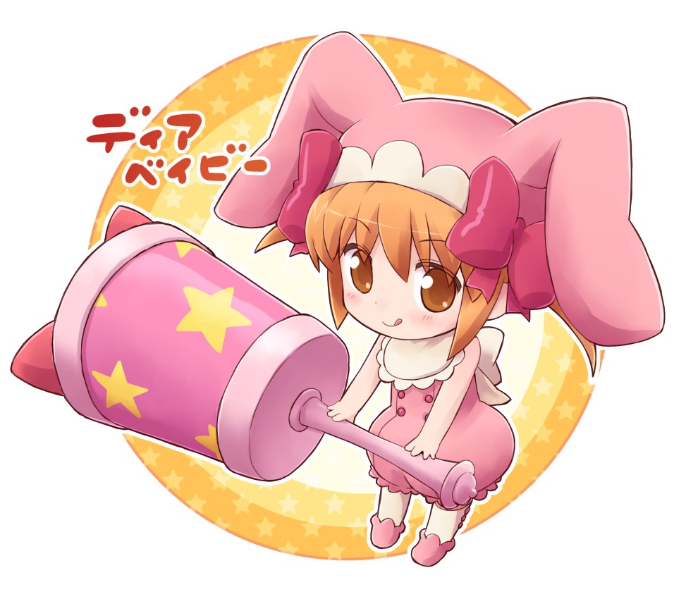 kemkem, dear baby, yuiki yaya, shugo chara!, 1girl, :q, animal hat, blush, bow, buttons, chibi, dress, female focus, full body, hammer, hat, hat bow, holding, orange eyes, orange hair, pink dress, red bow, short hair, simple background, sleeveless, sleeveless dress, solo, standing, star (symbol), star print, tongue, tongue out, white background