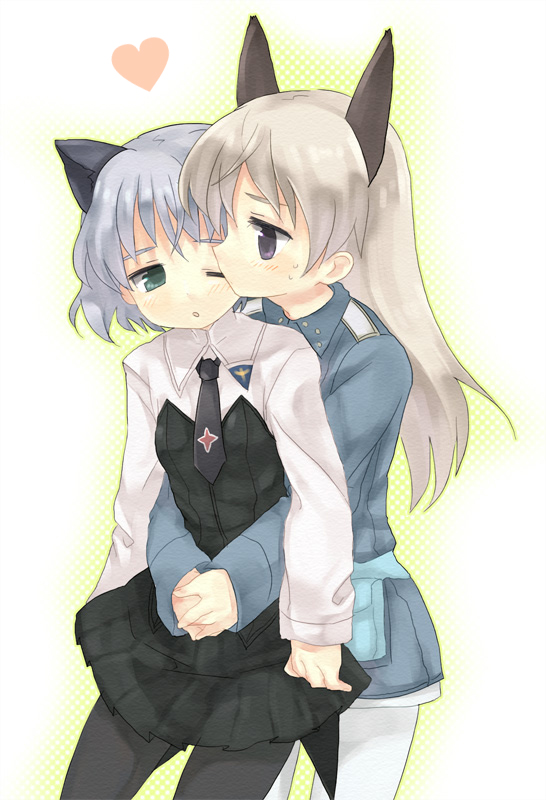 dadami, eila ilmatar juutilainen, sanya v. litvyak, strike witches, world witches series, bad id, bad pixiv id, 00s, 2girls, animal ears, black pantyhose, heart, hug, hug from behind, kiss, kissing cheek, multiple girls, one eye closed, pantyhose, white pantyhose, wink, yuri