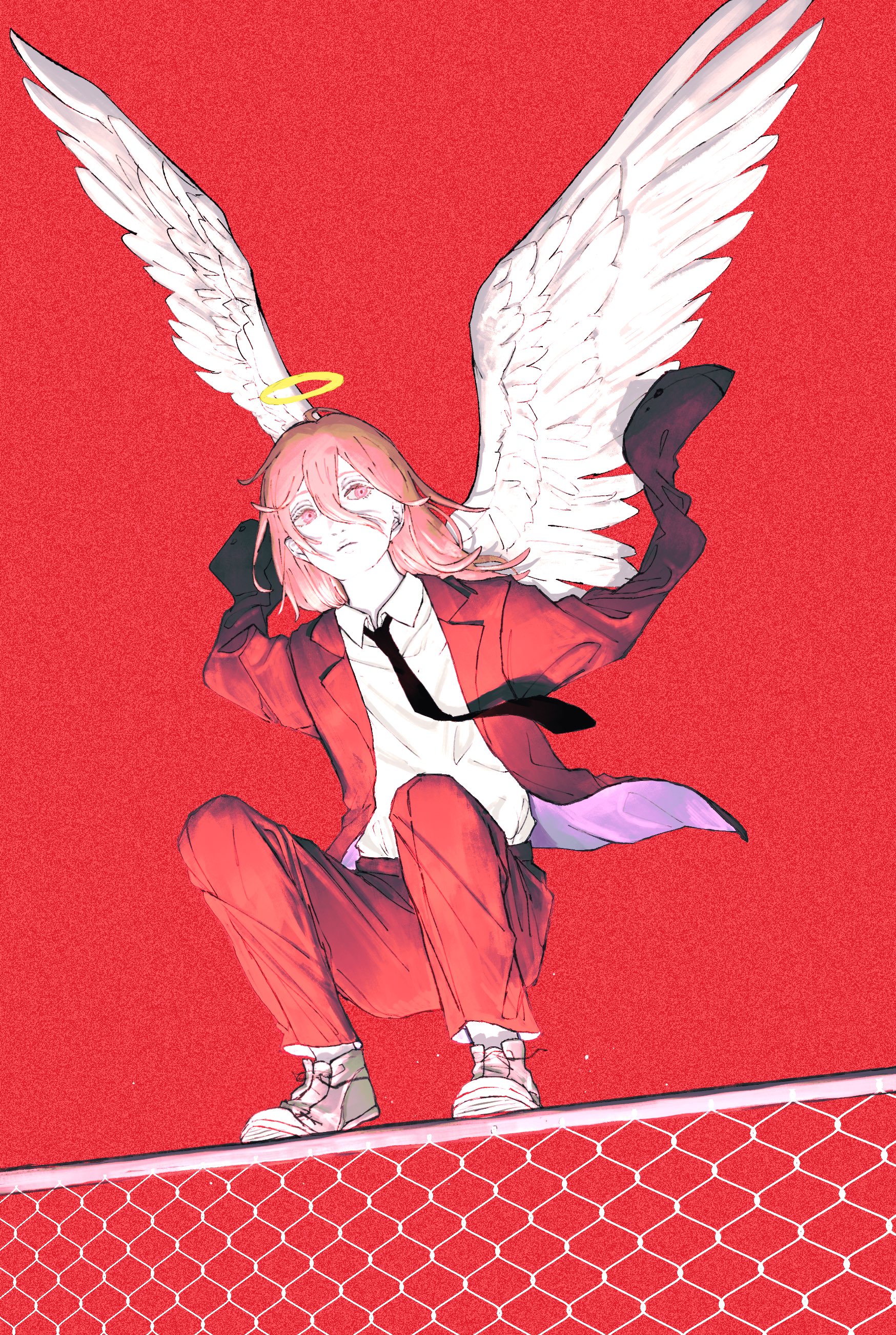 yuiai, angel devil (chainsaw man), chainsaw man, absurdres, commentary request, highres, 1boy, angel, angel wings, black necktie, black suit, boots, closed mouth, collared shirt, feathered wings, fence, formal clothes, full body, hair between eyes, halo, jacket, long hair between eyes, long sleeves, male focus, medium hair, necktie, pants, red background, red eyes, red hair, red jacket, red pants, red theme, shirt, sitting on fence, solo, squatting, suit, suit jacket, traditional halo, white boots, white shirt, white wings, wings