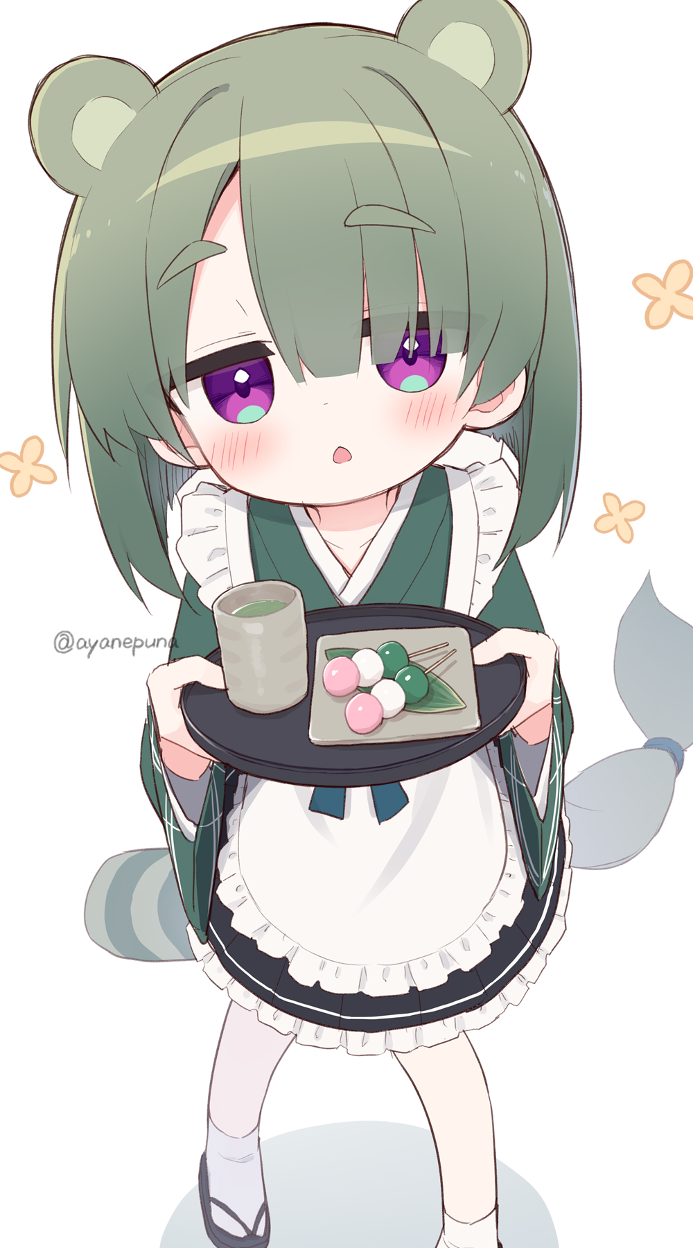 yuune (ayanepuna), original, commentary request, highres, 1girl, animal ears, apron, cup, dango, food, frilled apron, frills, green hair, green kimono, green tea, holding, holding tray, japanese clothes, kimono, purple eyes, sandals, short eyebrows, socks, solo, tail, tea, thick eyebrows, tray, twitter username, wagashi, white apron, white background, white socks, yomogi (ayanepuna), yunomi, zouri