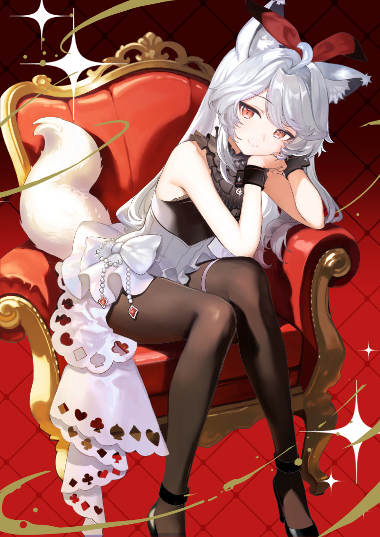 sibyl, margaret (vtuber), the box (vtuber), chinese commentary, commentary request, 1girl, ahoge, animal ears, bare shoulders, black shirt, black shoes, brown pantyhose, chair, closed mouth, frilled shirt, frills, hair ribbon, head rest, high heels, long hair, looking at viewer, pantyhose, red background, red eyes, ribbon, shirt, shoes, sitting, skirt, sleeveless, sleeveless shirt, smile, solo, tail, virtual youtuber, white hair, white skirt, wolf ears, wolf girl, wolf tail, wrist cuffs