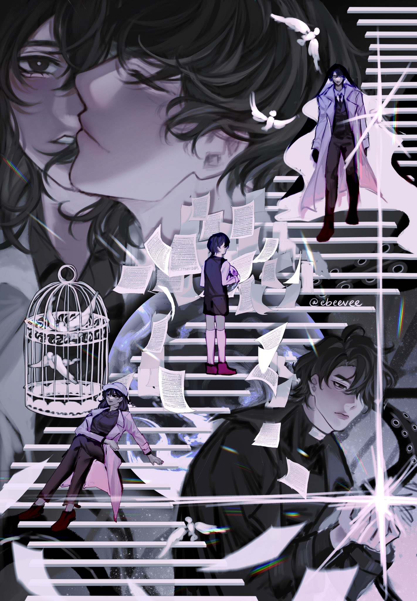 evie (baoxiao), han sooyoung, kim dokja, yoo joonghyuk, omniscient reader's viewpoint, highres, 2girls, 4boys, aegyo sal, baseball cap, bird, birdcage, black coat, black eyes, black gloves, black hair, black necktie, black shirt, black shorts, black vest, cage, closed eyes, coat, collared shirt, crew neck, dove, dual persona, expressionless, falling paper, full body, glint, gloves, hat, holding, leaning back, lens flare, multiple boys, multiple girls, multiple views, necktie, oldest dream, shirt, short hair, shorts, sitting, socks, stairs, standing, tentacles, vest, white coat, white socks