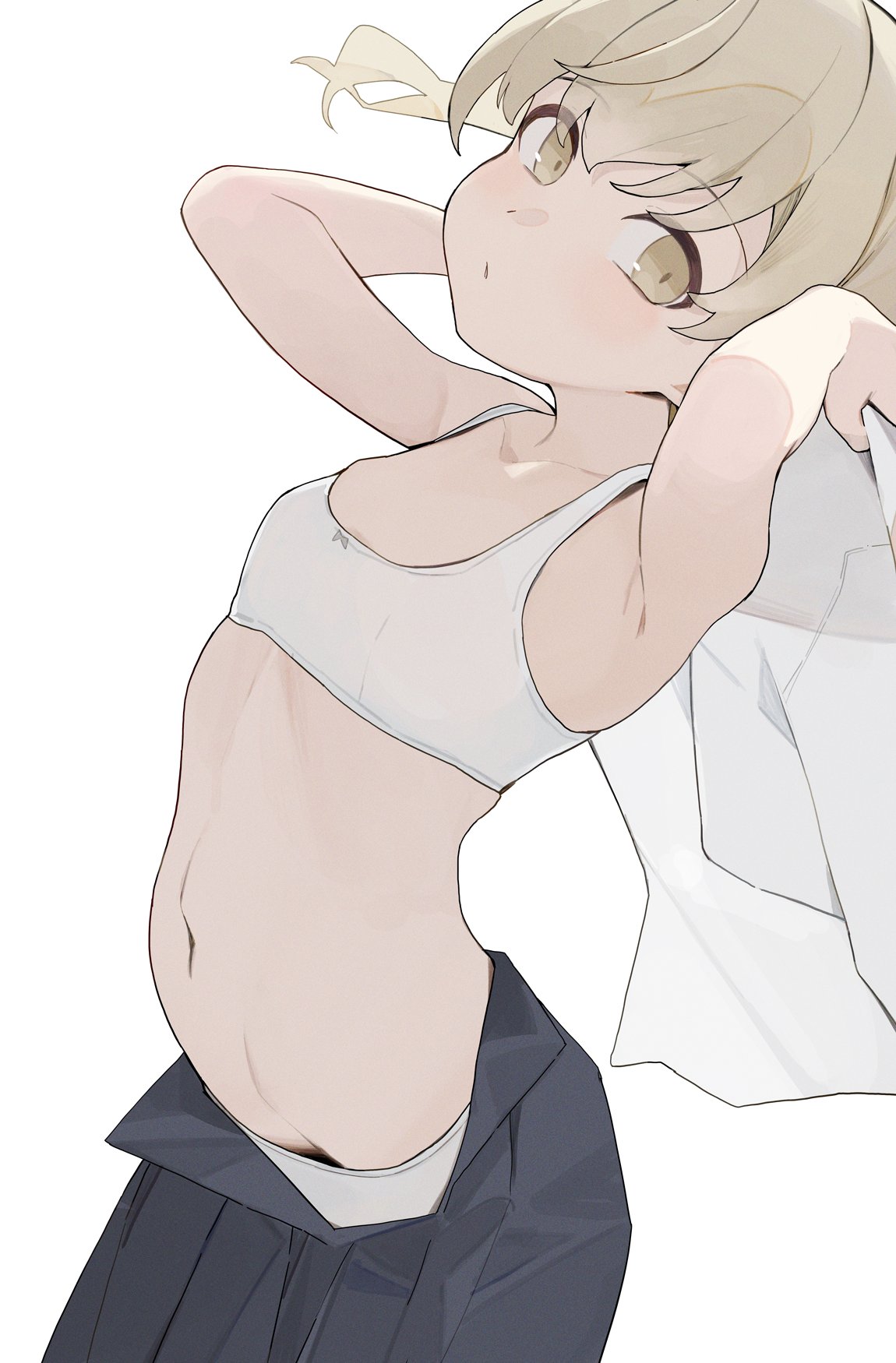 hiroki (yyqw7151), original, highres, 1girl, armpits, black skirt, bra, brown eyes, brown hair, flat chest, looking at viewer, navel, panties, pleated skirt, shirt, skirt, solo, stomach, underwear, white bra, white panties, white shirt