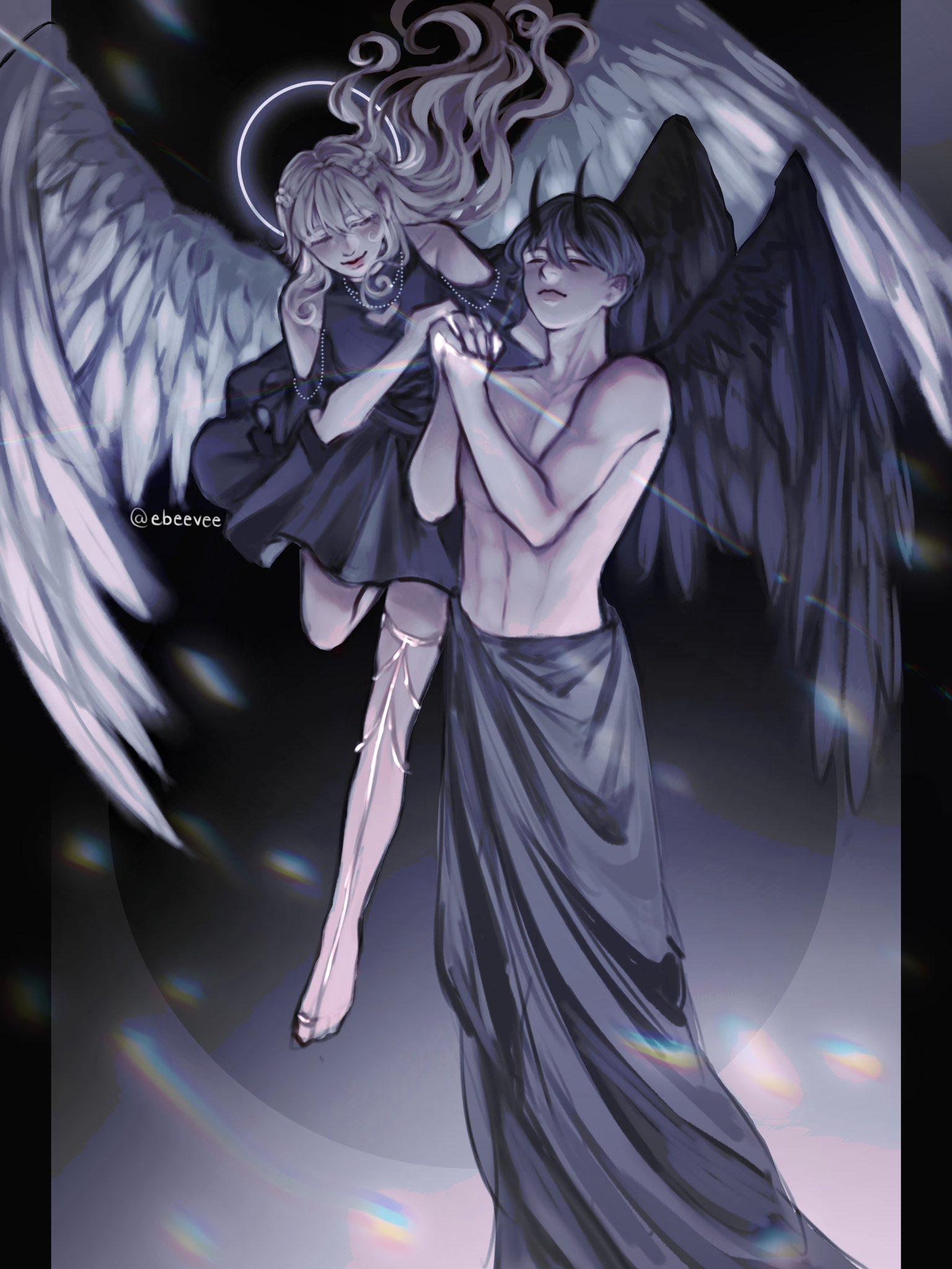 evie (baoxiao), kim dokja, uriel (omniscient reader's viewpoint), omniscient reader's viewpoint, highres, 1boy, 1girl, above-cleavage cutout, angel and devil, black dress, black hair, black wings, blonde hair, closed eyes, clothing cutout, dress, feathered wings, floating, full body, hair flowing over, halo, halo behind head, hetero, holding hands, laurel crown, lens flare, looking at another, no shirt, rainbow, robe, short hair, shoulder cutout, smile, white wings, wings
