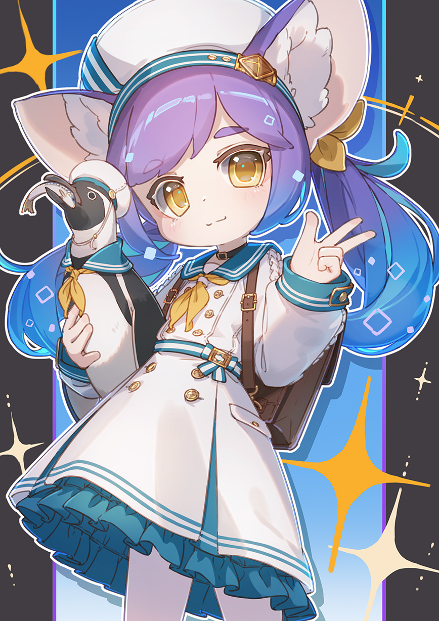ikpde, original, highres, 1girl, animal, animal ear fluff, backpack, bag, beret, bird, black choker, blue sailor collar, brown bag, choker, closed mouth, clothed animal, dress, frilled dress, frills, hair ribbon, hat, holding, holding animal, long hair, long sleeves, looking at viewer, neckerchief, outline, penguin, purple hair, ribbon, sailor collar, sailor dress, smile, twintails, w, white dress, white hat, white outline, yellow eyes, yellow neckerchief, yellow ribbon
