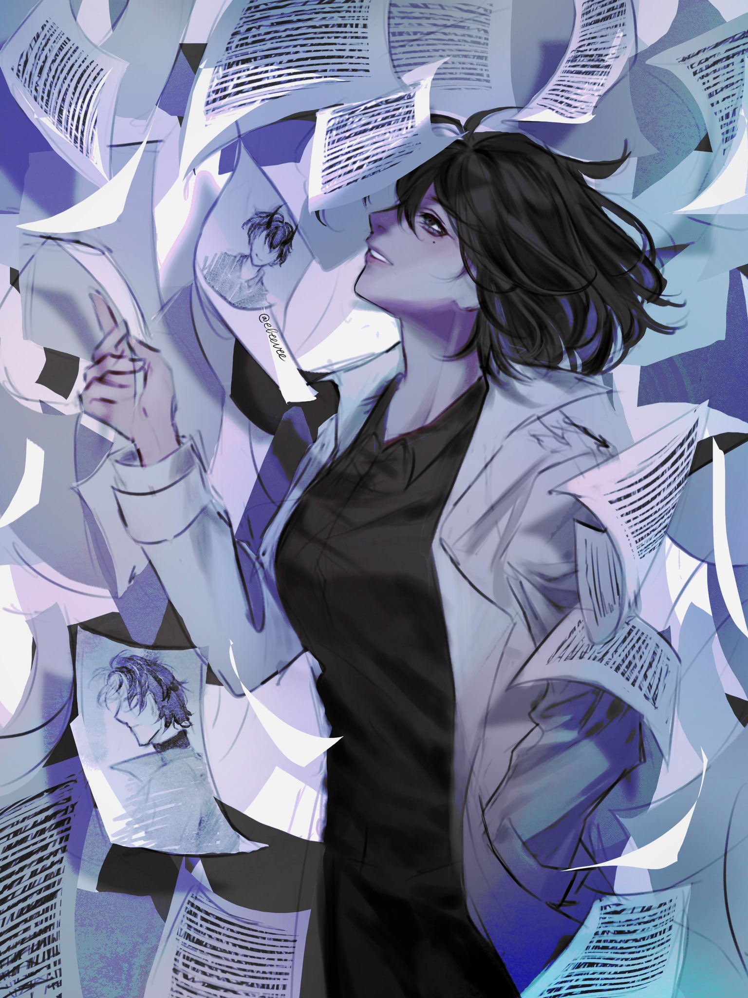 evie (baoxiao), han sooyoung, yoo joonghyuk, omniscient reader's viewpoint, highres, 1girl, :d, bags under eyes, black eyes, black hair, black shirt, collared shirt, cowboy shot, drawing (object), flying paper, grin, hand in pocket, holding, holding paper, oldest dream, open mouth, paper, shirt, short hair, smile, solo