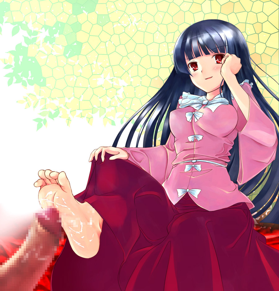 yako, houraisan kaguya, touhou, bad id, bad pixiv id, 1girl, barefoot, black hair, censored, cum, cum on body, cum on feet, feet, footjob, long hair, mosaic censoring, penis, red eyes, solo focus, toes