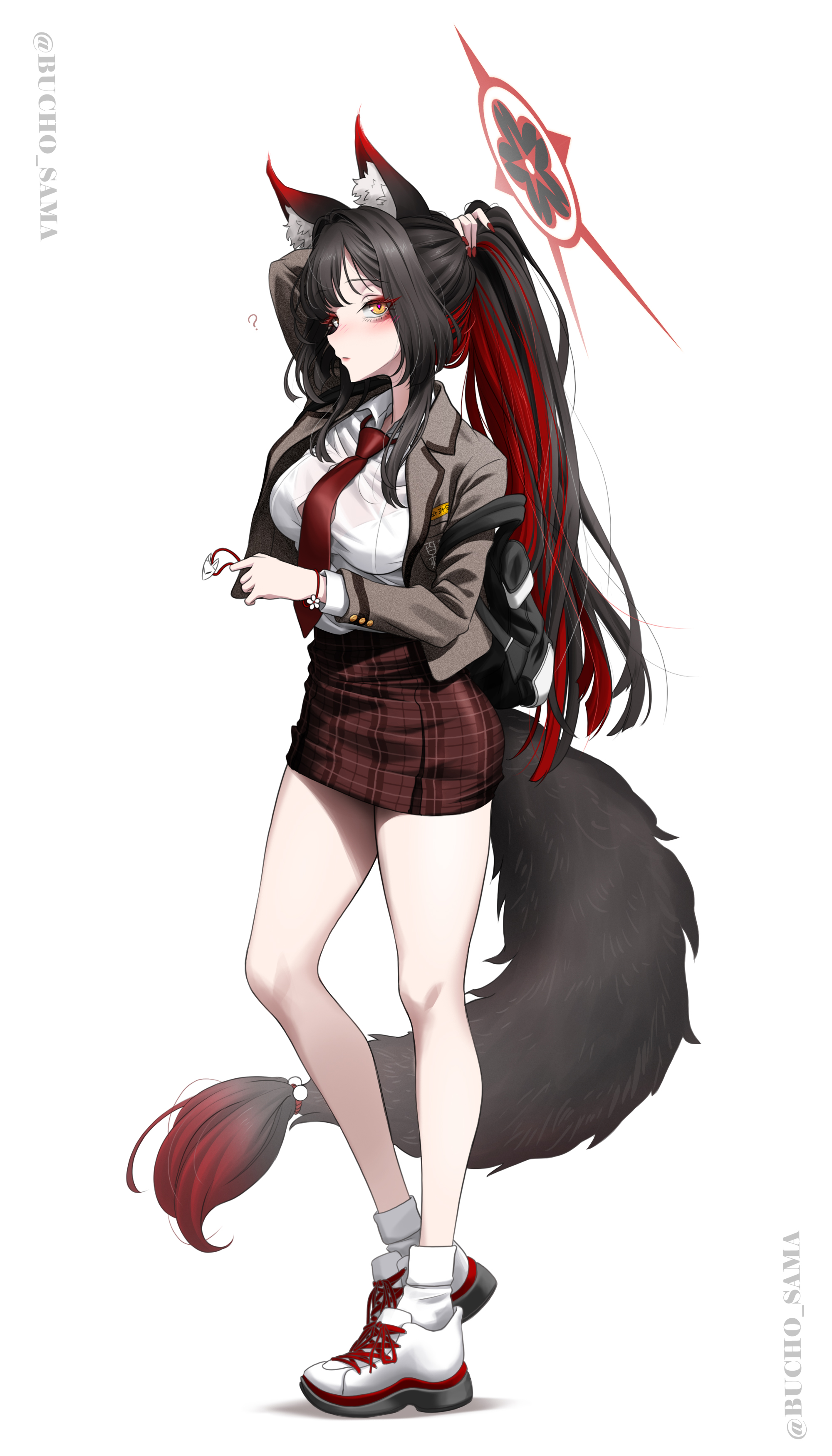 bucho sama, wakamo (blue archive), blue archive, absurdres, highres, 1girl, ?, alternate costume, alternate hairstyle, animal ear fluff, animal ears, bag, black bag, black hair, blush, brown jacket, closed mouth, colored inner hair, fox ears, fox girl, fox tail, from side, hair tie, halo, holding, holding bag, holding hair tie, holding own hair, jacket, looking at viewer, multicolored hair, necktie, pencil skirt, ponytail, red hair, red halo, red necktie, red skirt, school uniform, shirt, shoes, skirt, sneakers, socks, solo, tail, two-tone hair, tying hair, white shirt, white shoes, white socks, yellow eyes