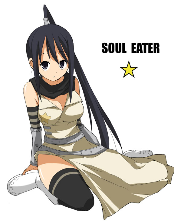 maro nie, nakatsukasa tsubaki, soul eater, striped, 00s, 1girl, belt, black hair, black thighhighs, boots, breasts, cleavage, detached sleeves, dress, female focus, full body, grey eyes, large breasts, long hair, ponytail, scarf, simple background, sitting, solo, star (symbol), thighhighs, very long hair