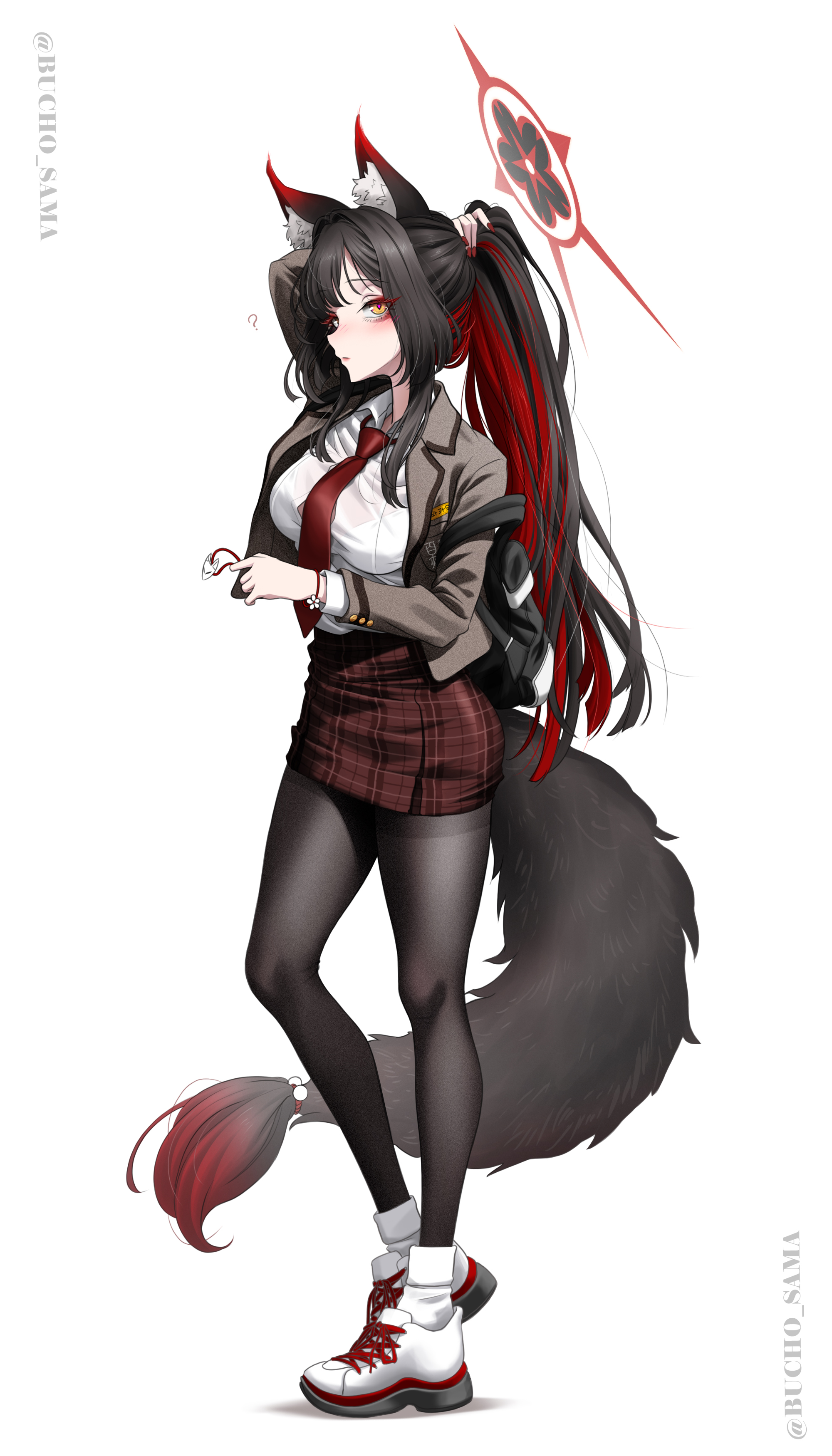 bucho sama, wakamo (blue archive), blue archive, absurdres, highres, 1girl, ?, alternate costume, alternate hairstyle, animal ear fluff, animal ears, bag, black bag, black hair, black pantyhose, blush, brown jacket, closed mouth, colored inner hair, fox ears, fox girl, fox tail, from side, hair tie, halo, holding, holding bag, holding hair tie, holding own hair, jacket, looking at viewer, multicolored hair, necktie, pantyhose, pencil skirt, ponytail, red hair, red halo, red necktie, red skirt, school uniform, shirt, shoes, skirt, sneakers, socks, solo, tail, two-tone hair, tying hair, white shirt, white shoes, white socks, yellow eyes