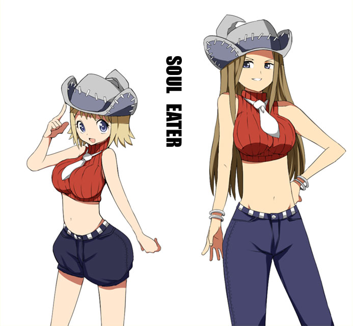 maro nie, elizabeth thompson, patricia thompson, soul eater, 00s, bare shoulders, hat, midriff, necktie, siblings, sisters, sleeveless, sleeveless turtleneck, turtleneck