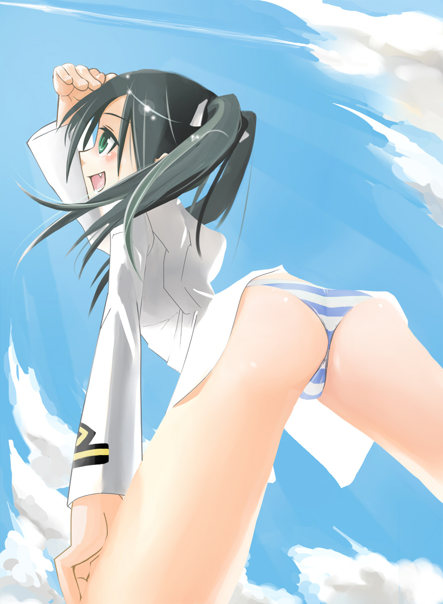 korino, francesca lucchini, strike witches, world witches series, bad id, bad pixiv id, highres, 00s, 1girl, ass, black hair, fang, female focus, green eyes, open mouth, panties, solo, striped clothes, striped panties, twintails, underwear