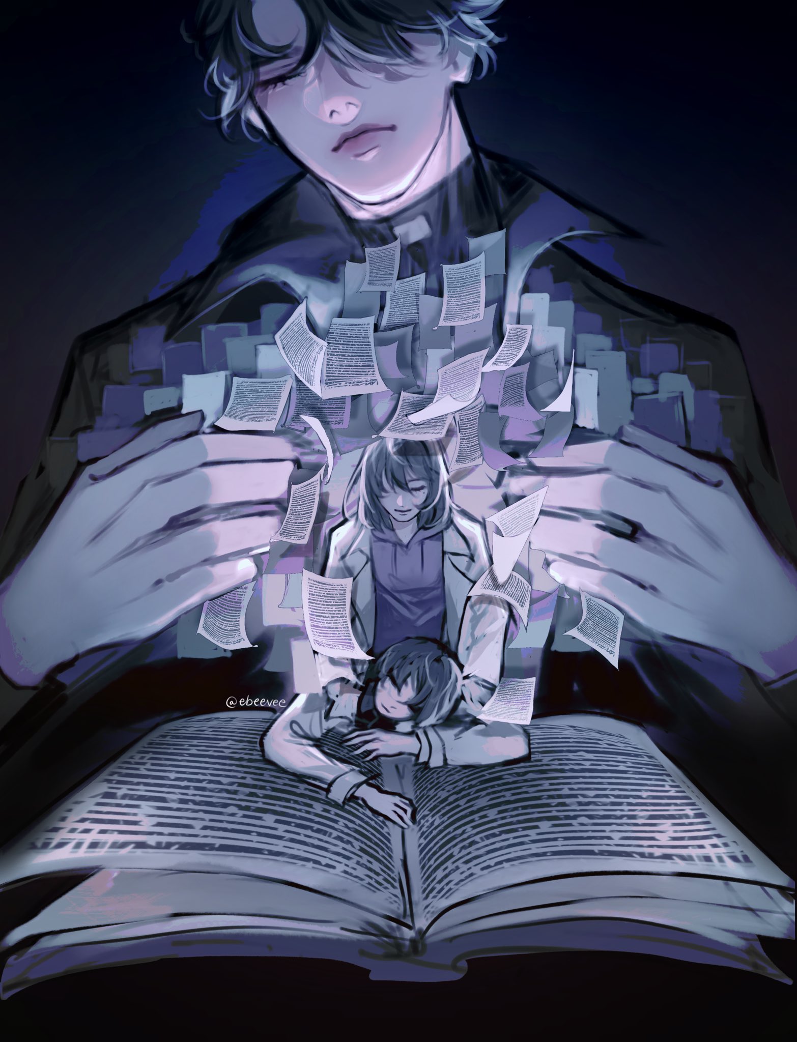 evie (baoxiao), han sooyoung, kim dokja, yoo joonghyuk, omniscient reader's viewpoint, highres, 1girl, 2boys, black coat, black hair, bob cut, book, closed eyes, coat, flying paper, giant, hands on another's shoulders, hole in chest, hole on body, hood, hood down, hoodie, leaning forward, multiple boys, open book, open clothes, open coat, opening, paper, popped collar, purple hoodie, size difference, white coat
