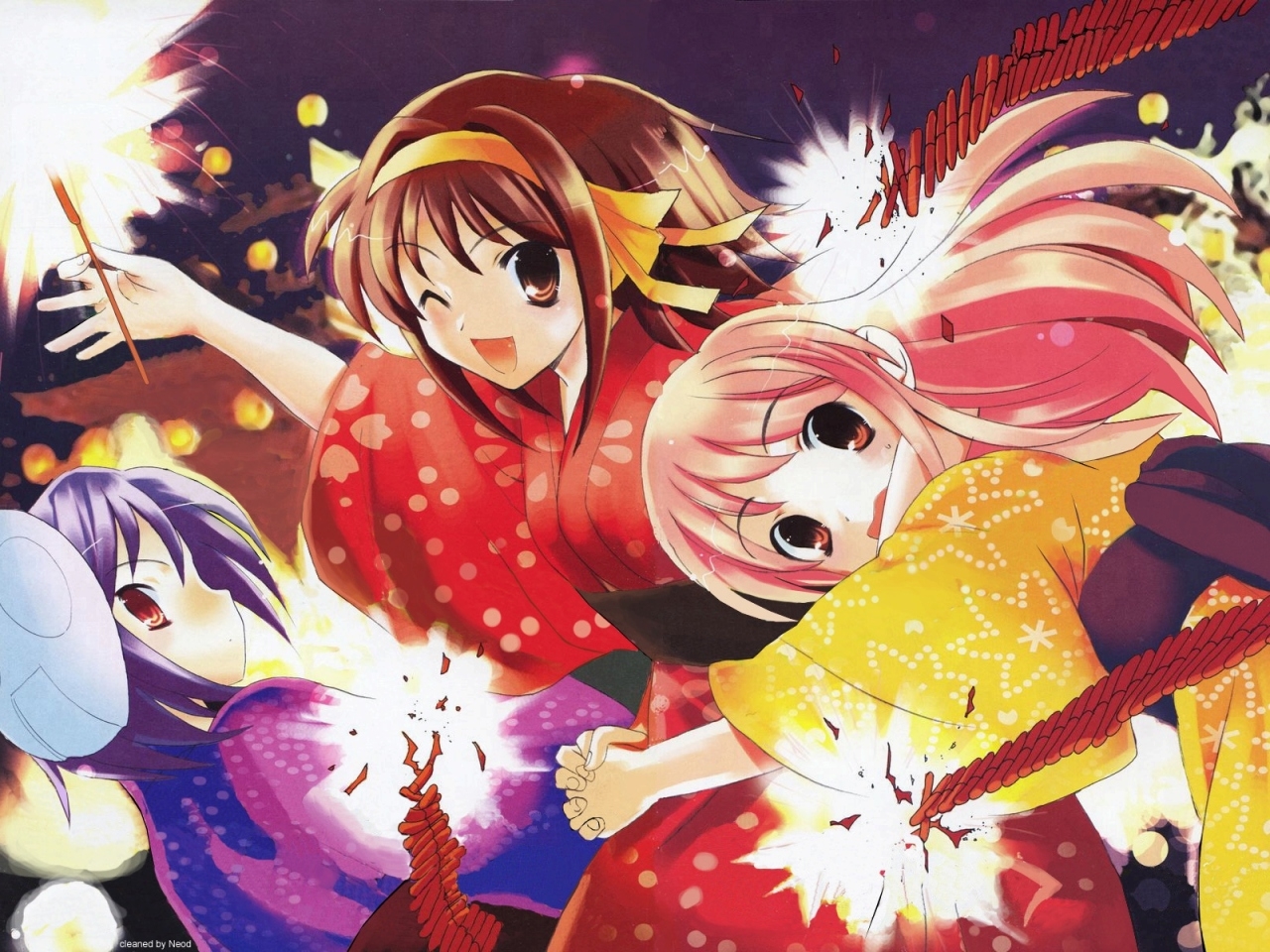asahina mikuru, nagato yuki, suzumiya haruhi, suzumiya haruhi no yuuutsu, non-web source, 00s, brown eyes, brown hair, festival, firecrackers, fireworks, japanese clothes, kimono, long hair, mask, one eye closed, pink hair, purple hair, short hair, sparkler, wink, yukata