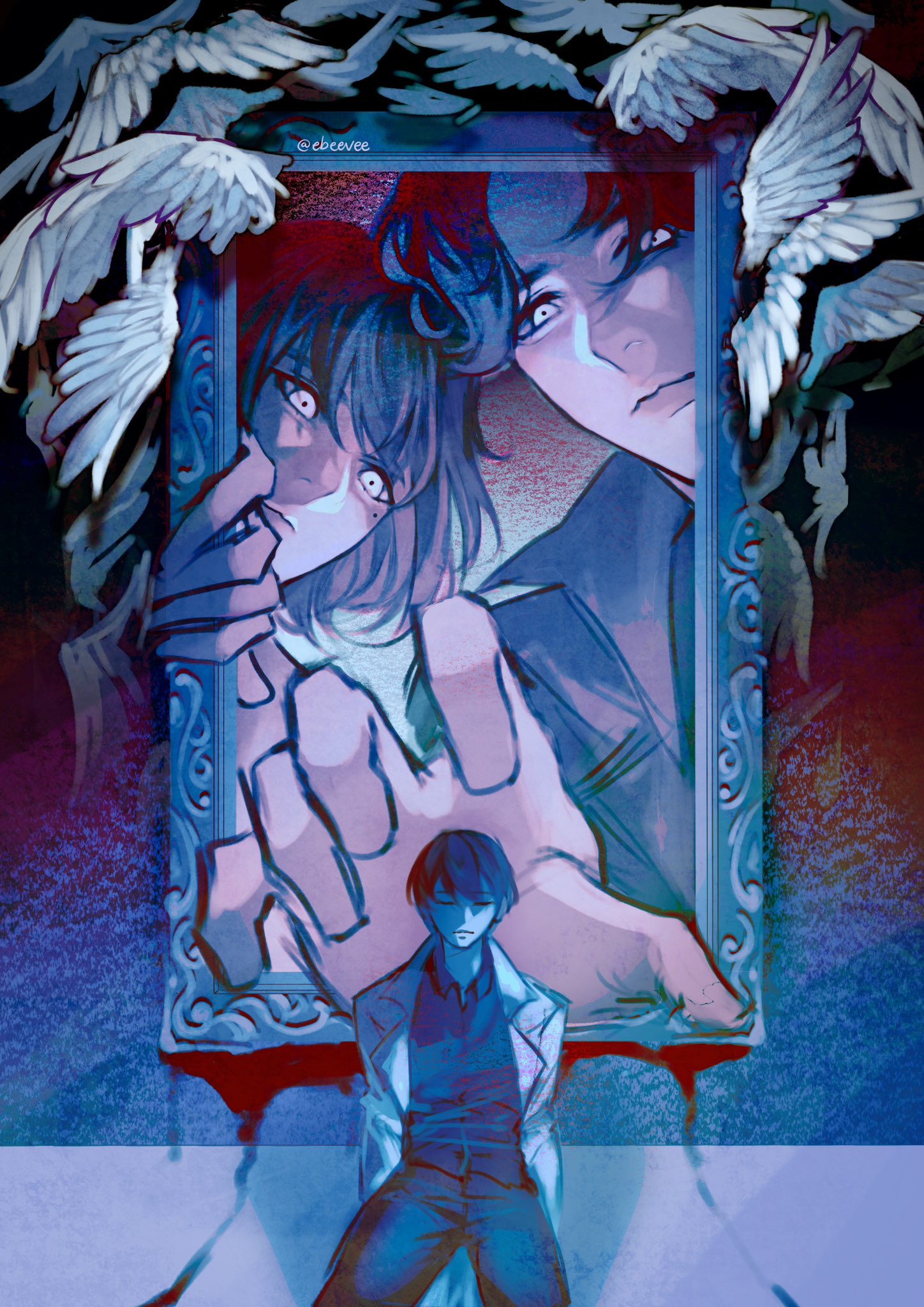 evie (baoxiao), han sooyoung, kim dokja, yoo joonghyuk, omniscient reader's viewpoint, highres, 1girl, 2boys, black coat, black hair, black shirt, bleeding, blood, coat, constricted pupils, feathered wings, fleeing, frown, looking at another, mini person, miniboy, multiple boys, outstretched hand, portrait (object), reaching, reaching towards another, seiza, shirt, short hair, sitting, too many wings, white wings, wings