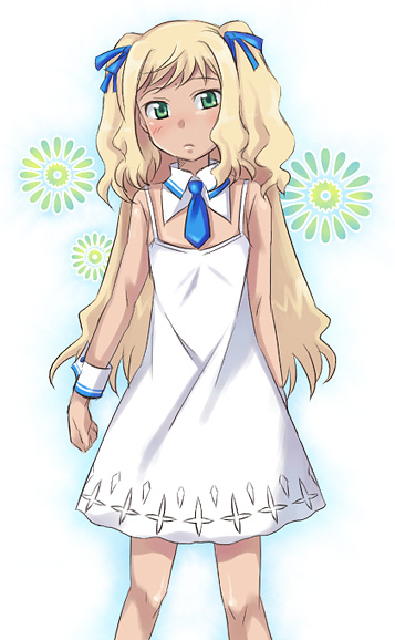 kuro (pizz66), sherilyn hyde, gundam, gundam 00, gundam 00f, gundam 00p, 00s, 1girl, blonde hair, blush, dress, embarrassed, female focus, flat chest, frown, green eyes, hair ribbon, long hair, necktie, ribbon, short twintails, solo, standing, sundress, twintails, two side up, very long hair, wrist cuffs