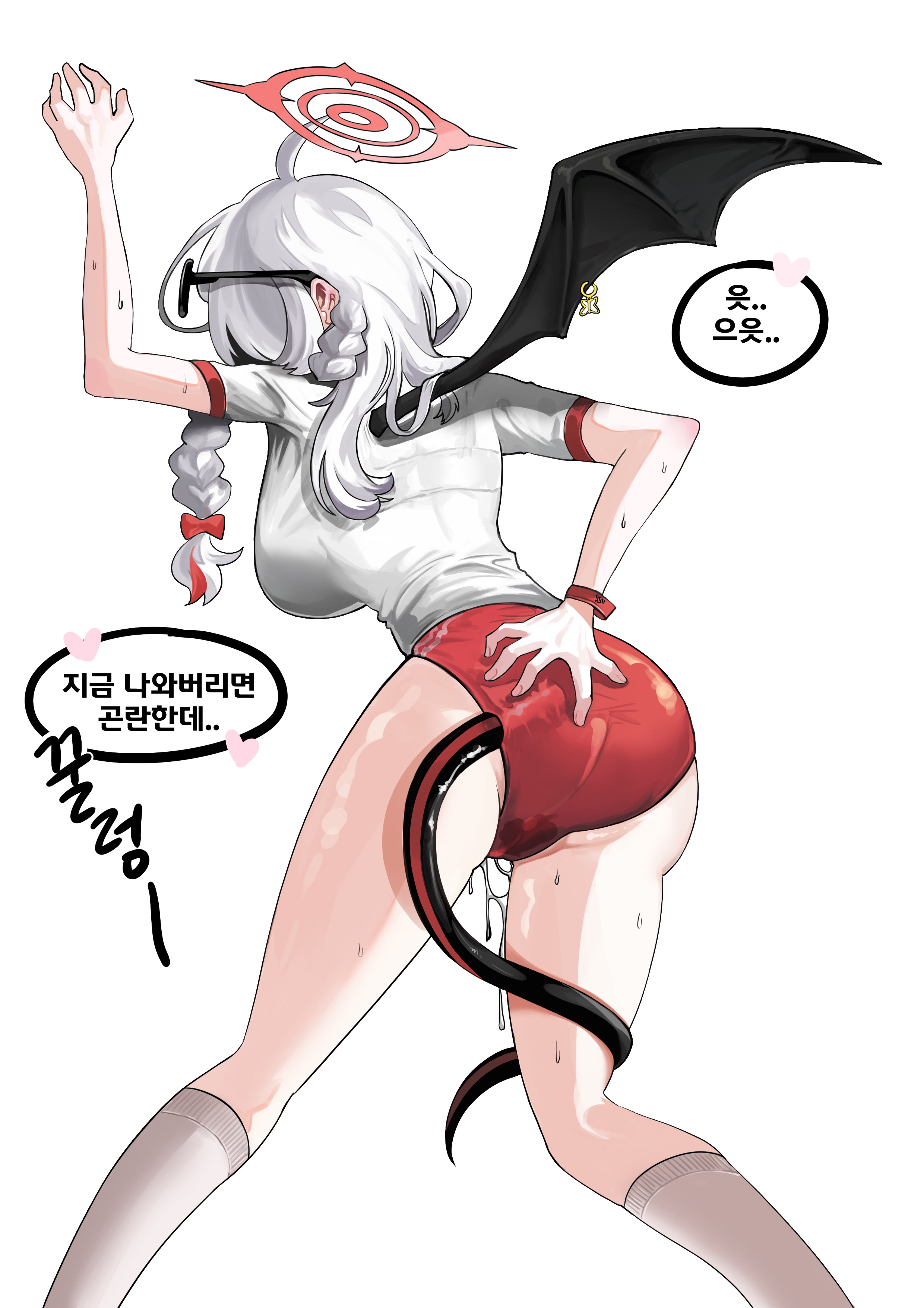 doddbdck1103, haruna (blue archive), haruna (track) (blue archive), blue archive, absurdres, commentary request, highres, translation request, variant set, 1girl, ass, back, braid, breasts, demon tail, demon wings, eyewear on head, gym uniform, halo, kneehighs, korean text, large breasts, long hair, official alternate costume, official alternate hairstyle, piercing, pussy juice, simple background, single wing, socks, solo, sunglasses, sweat, tail, white background, white hair, white socks, wing piercing, wings