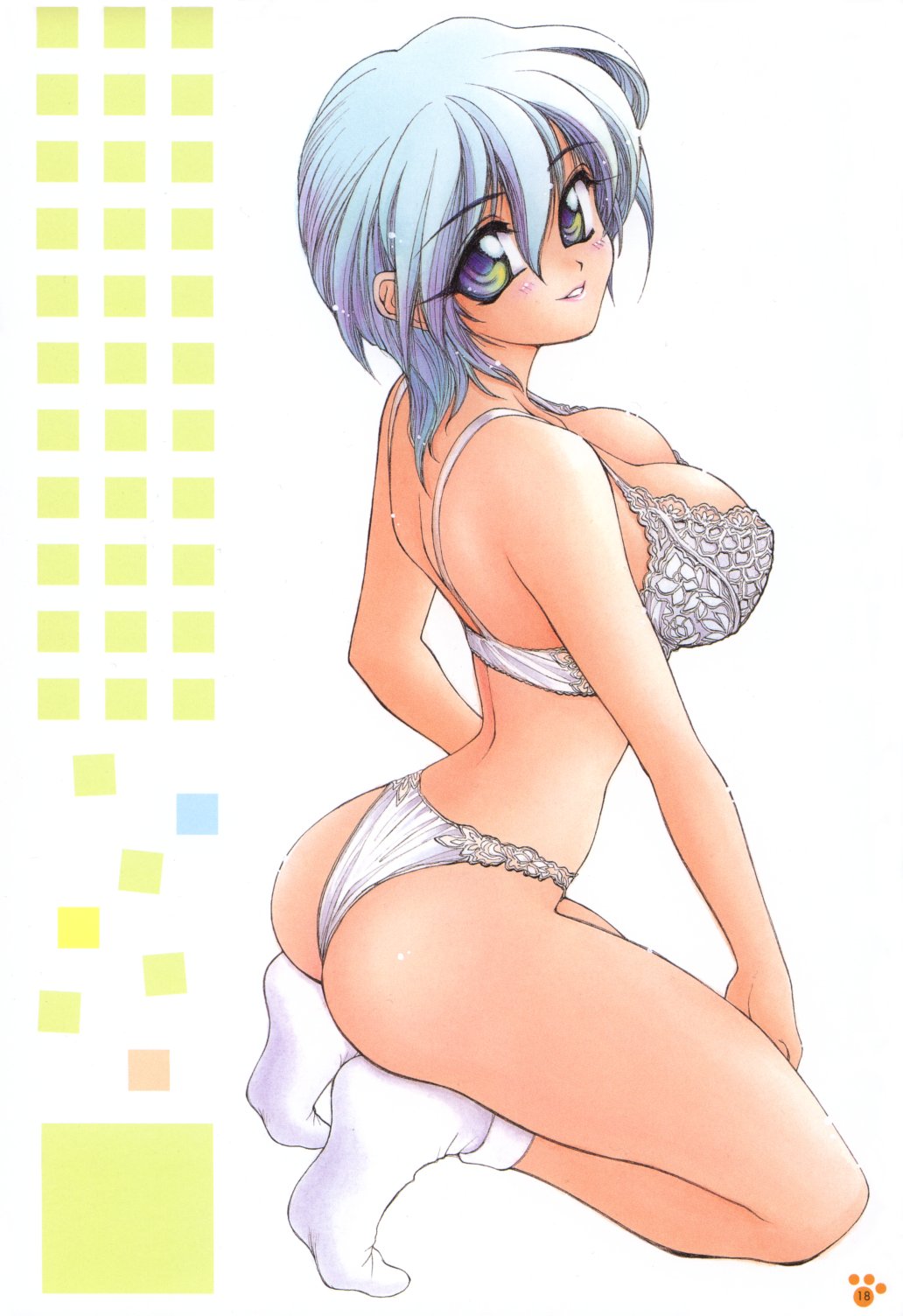 amaori tatsuki, pretty cats showtime, highres, non-web source, 1girl, ass, blue eyes, blue hair, bra, breasts, cleavage, feet, female focus, kneeling, large breasts, lingerie, matching hair/eyes, panties, short hair, smile, socks, solo, thong, underwear, underwear only, white bra, white panties, white socks